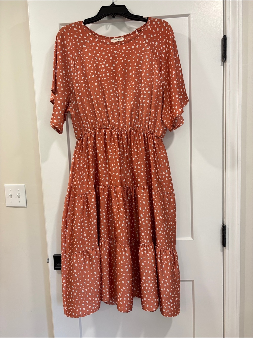 Rust Polka Dot Midi Dress Tiered Silhouette